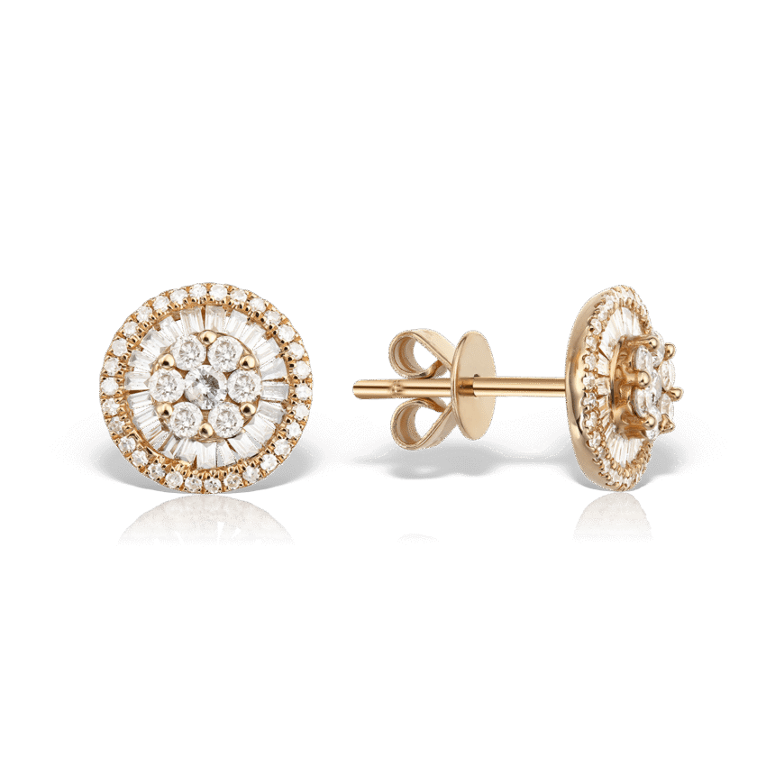 Cercei "Pizza" 8mm cu Diamante Round Cut 0.30 CT si Diamante Baguette 0.15 CT, Aur Roz 18K