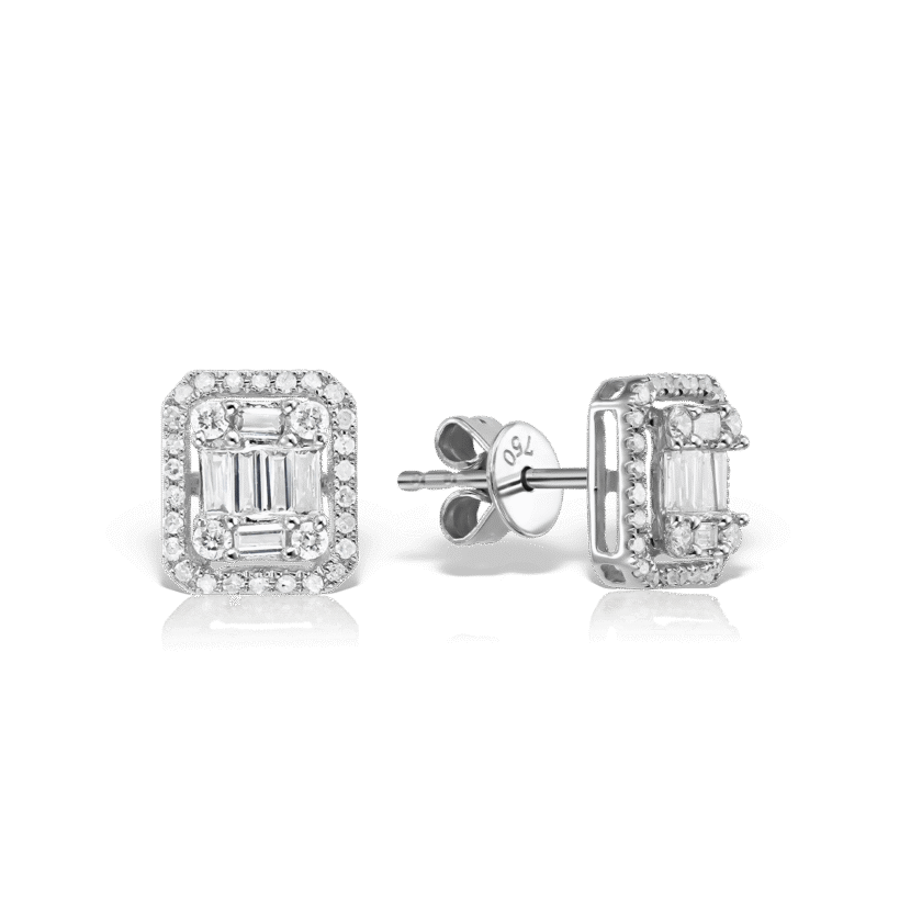 Cercei din Aur Alb 18K cu 60 Diamante de 0.20 CT si Diamante Bagheta de 0.13 CT