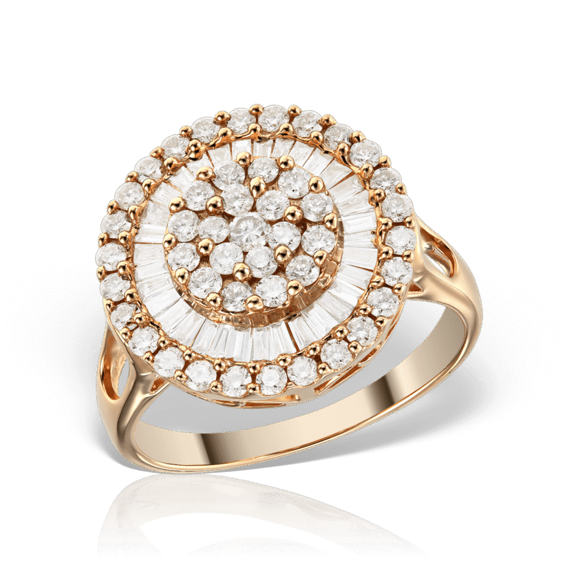 Inel "Pizza" cu Diamante Round Cut 0.62 CT si Diamante Baguette 0.21 CT, Aur Roz 18K