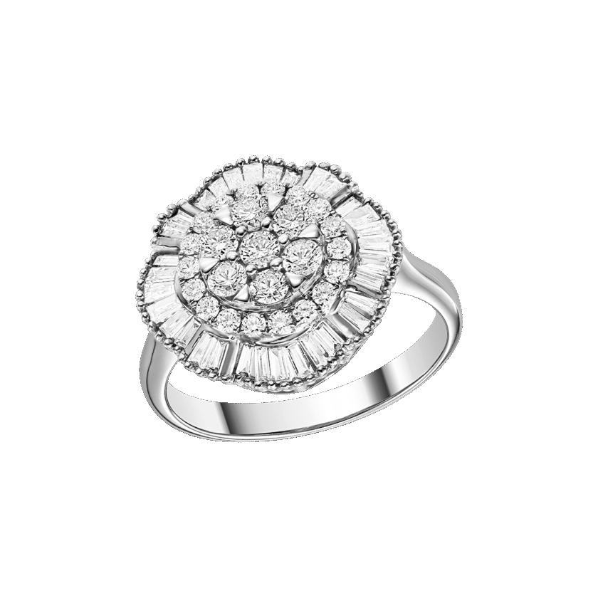 Inel "Queen" cu Diamante Round Cut 0.61 CT si  Diamante Baguette 0.35 CT, Aur Alb 18K