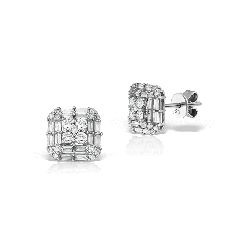 Cercei cu Diamante Round Cut 0.37 CT, Diamante Baguette 0.28 CT, Aur Alb 18K