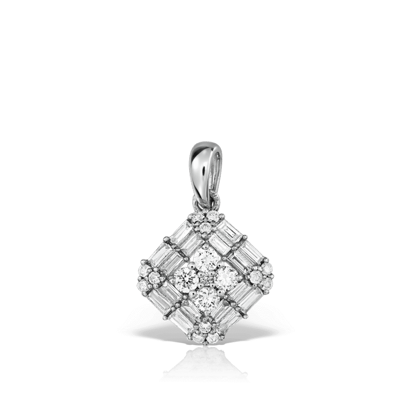 Pandantiv cu Diamante Round Cut 0.19 CT, Diamante Baguette 0.13 CT, Aur Alb 18K