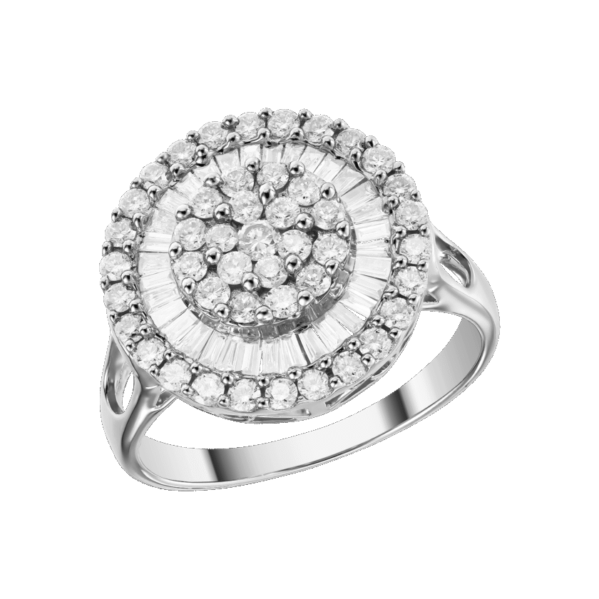 Inel "Pizza" cu Diamante Round Cut 0.59 CT si Diamante Baguette 0.17 CT, Aur Alb 18K