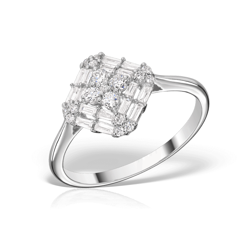 Inel din Aur Alb 18K cu Diamante Round Cut 0.18 CT si Diamante Baguette 0.14 CT