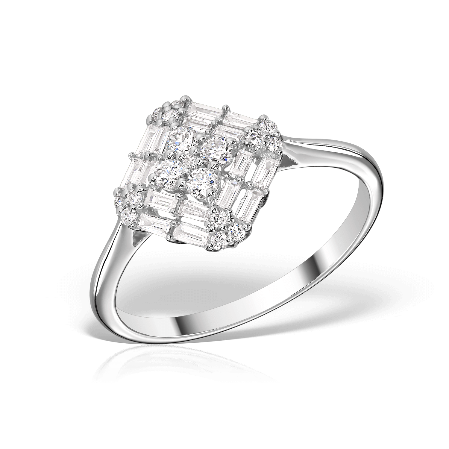 Inel din Aur Alb 18K cu Diamante Round Cut 0.18 CT si Diamante Baguette 0.14 CT Inel din Aur Alb 18K cu Diamante Round Cut 0.18 CT si Diamante Baguette 0.14 CT Inel din Aur Alb 18K cu Diamante Round Cut 0.18 CT si Diamante Baguette 0.14 CT