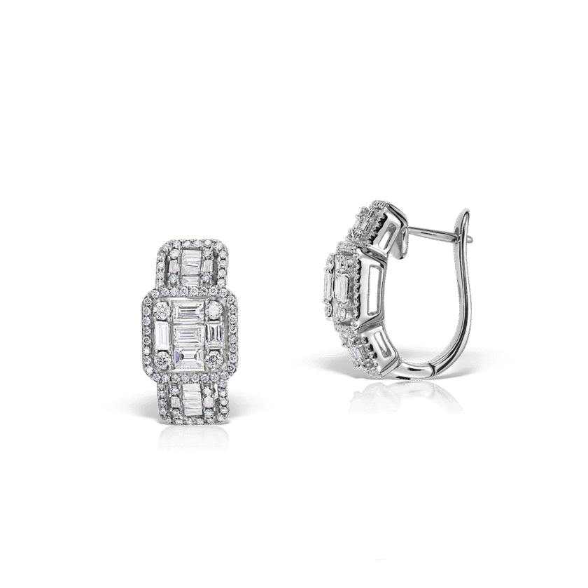 Cercei cu Diamante Baguette 1.25 CT, Diamante Round Cut 0.67 CT, Aur Alb 18K