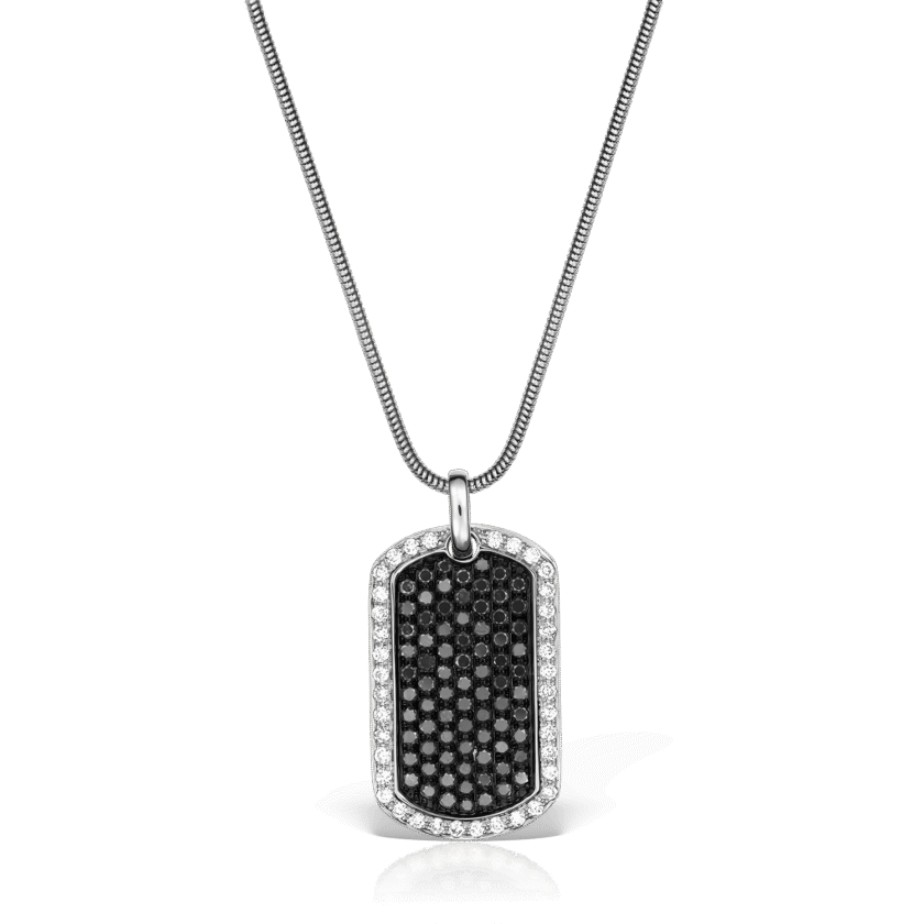 Pandantiv Placuta Army cu Diamante Negre 1.05 CT si Diamante Albe 0.38 CT, Aur Alb 18K