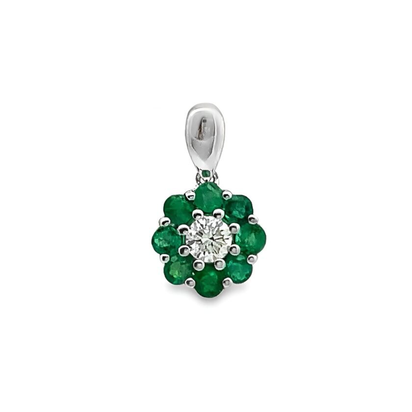 Pandantiv 'Flower' cu Smaralde 0.18 CT  și Diamant 0.10 CT, Aur Alb 18K