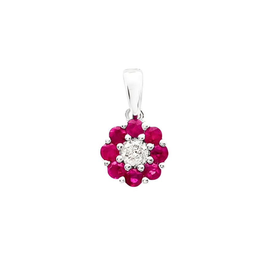 Pandantiv 'Flower' cu Rubine 0.25 CT  și Diamant 0.10 CT, Aur Alb 18K